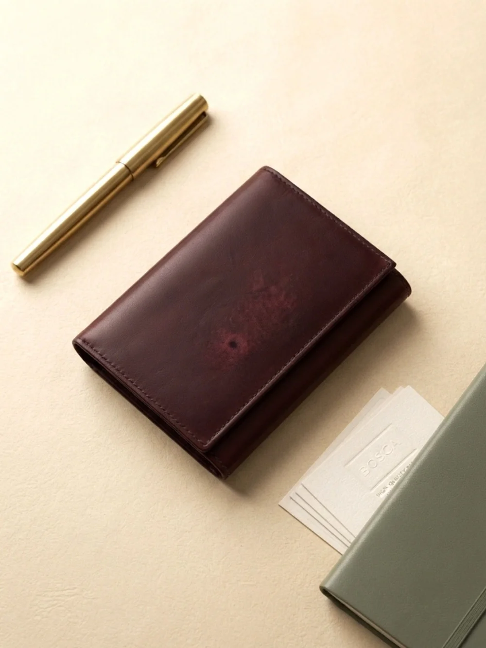 Vintage 80s Bosca Full Grain Hide Leather Trifold Wallet Burgundy Oxblood